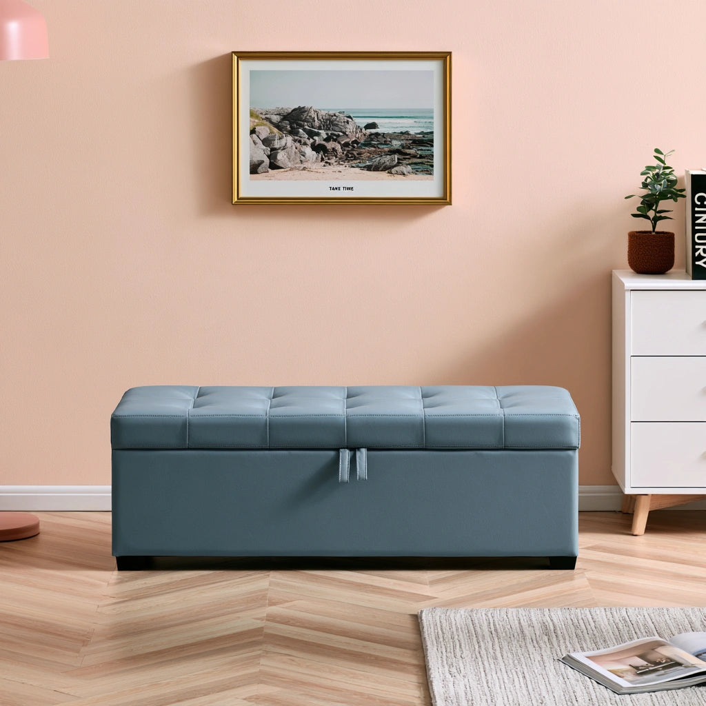 Gepolsterte Sitzbank mit Stauraum, mit Kunstlederbezug, Farbe: blau und schieferblau