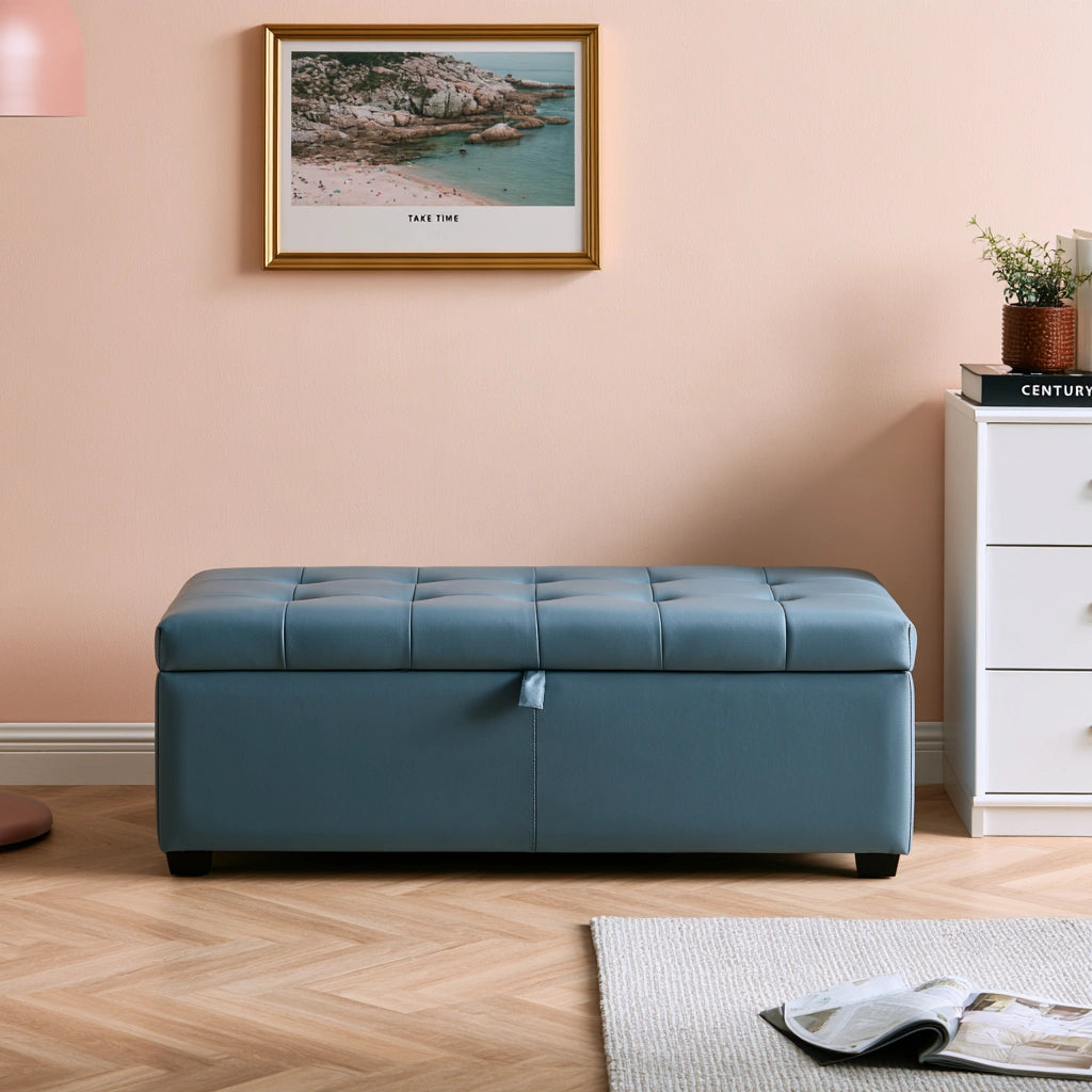 Gepolsterte Sitzbank mit Stauraum, mit Kunstlederbezug, Farbe: blau und schieferblau